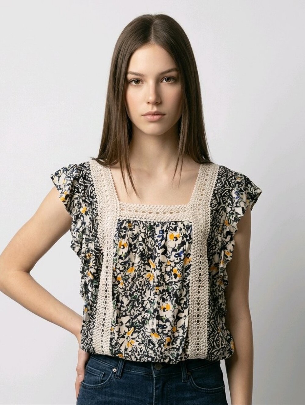 Angie Black and White Floral Blouse with Cream Crochet Details